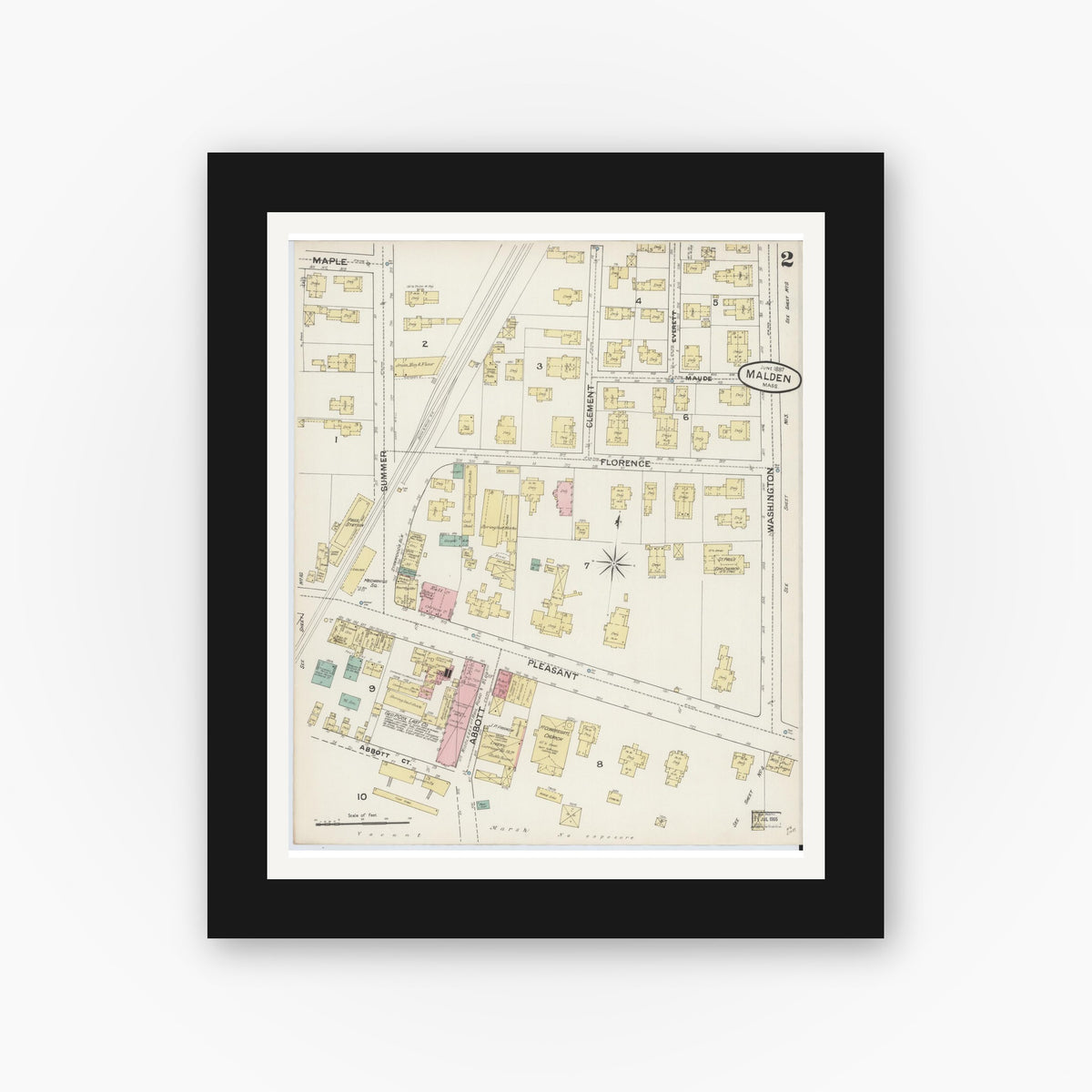 Old map wall art mockup — black gallery frame with white mat — Sanborn Fire Insurance Map from Malden, Middlesex County, Massachusetts (1887), Sheet #0002