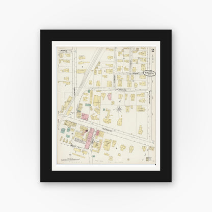 Old map wall art mockup — black gallery frame with white mat — Sanborn Fire Insurance Map from Malden, Middlesex County, Massachusetts (1887), Sheet #0002