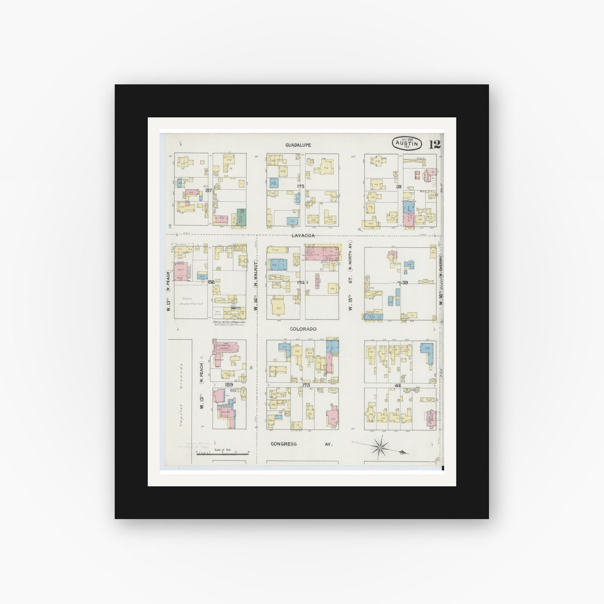 Old map wall art mockup — black gallery frame with white mat — Sanborn Fire Insurance Map from Austin, Travis County, Texas (1889), Sheet #0012