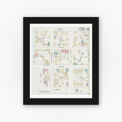Old map wall art mockup — black gallery frame with white mat — Sanborn Fire Insurance Map from Austin, Travis County, Texas (1889), Sheet #0012