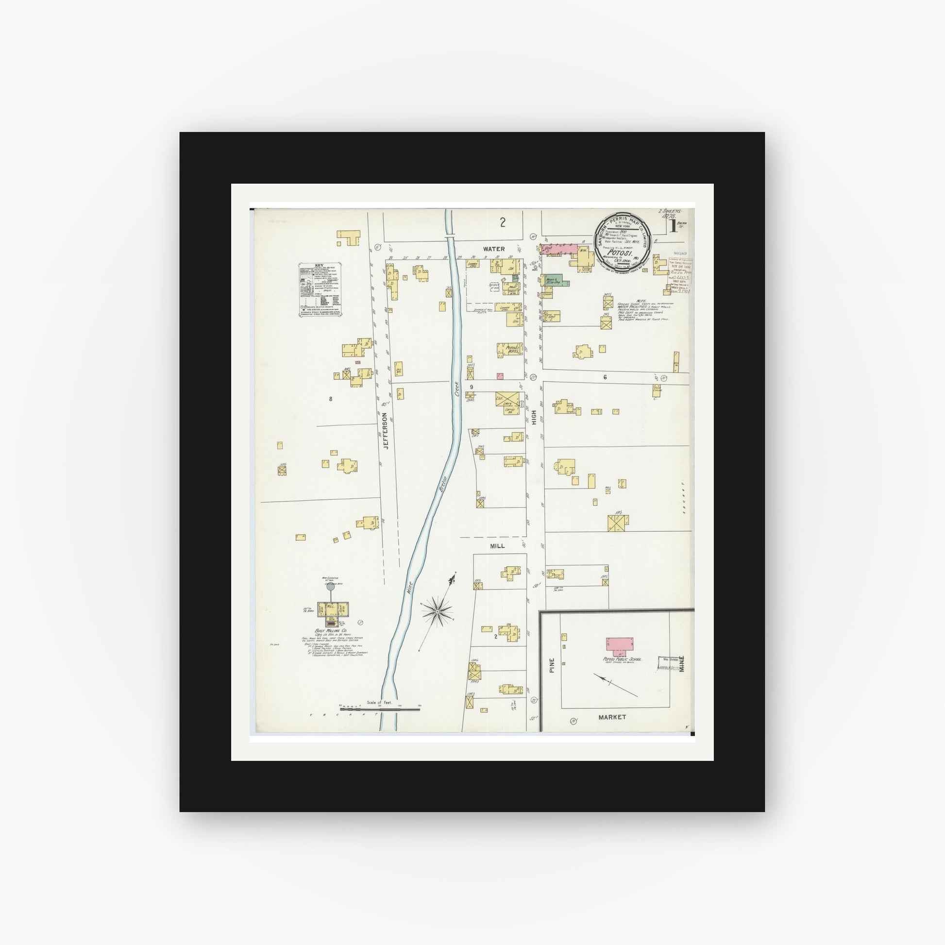Old map wall art mockup — black gallery frame with white mat — Sanborn Fire Insurance Map from Potosi, Washington County, Missouri (1900) - Complete Map Set