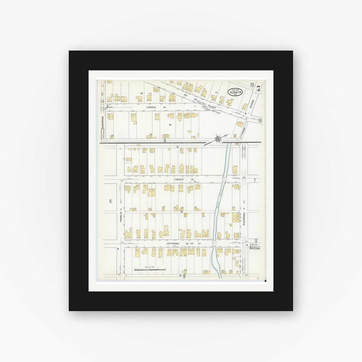 Old map wall art mockup — black gallery frame with white mat — Sanborn Fire Insurance Map from Jermyn, Lackawanna County, Pennsylvania (1912), Sheet #0007