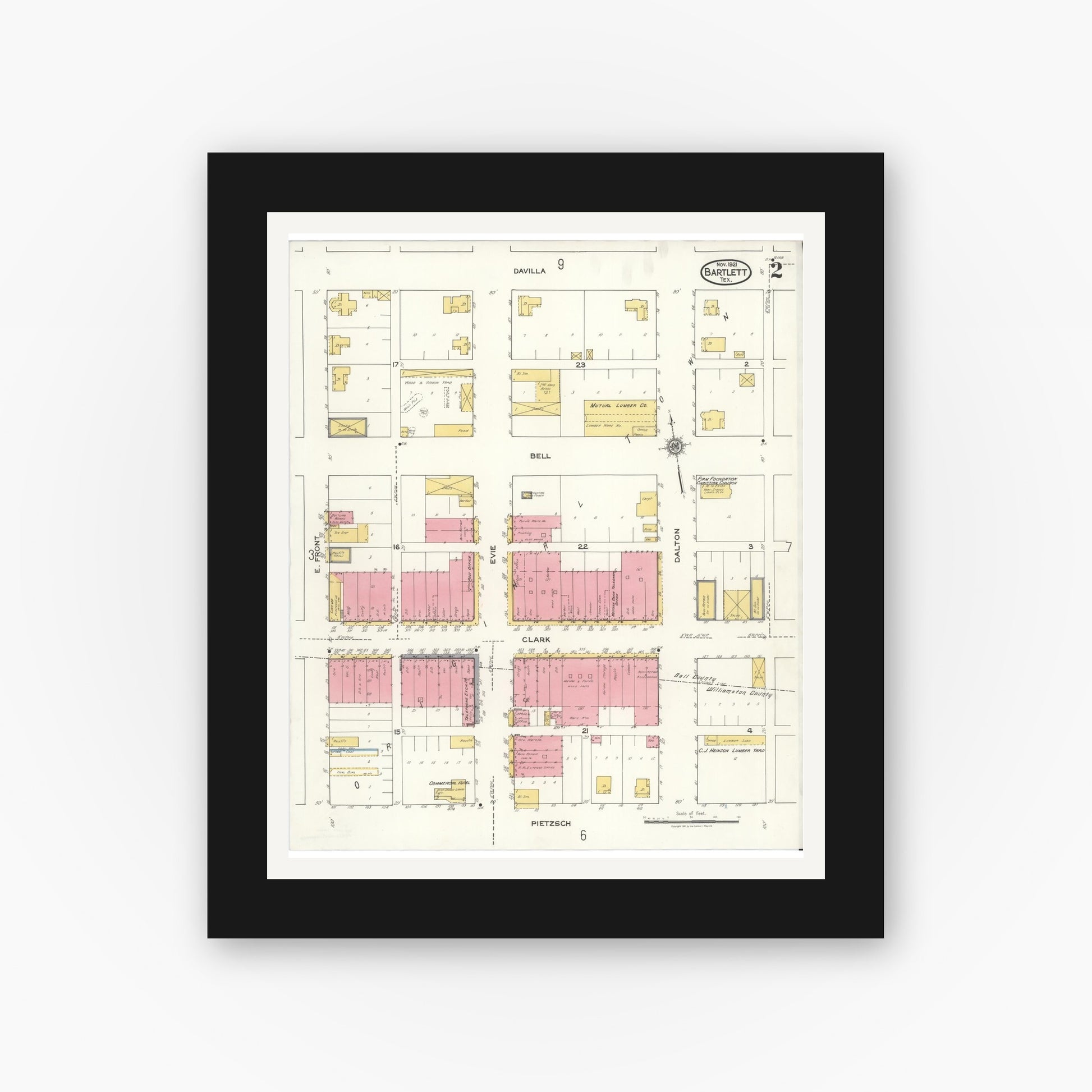 Old map wall art mockup — black gallery frame with white mat — Sanborn Fire Insurance Map from Bartlett, Bell and Williamson Counties, Texas (1921), Sheet #0002