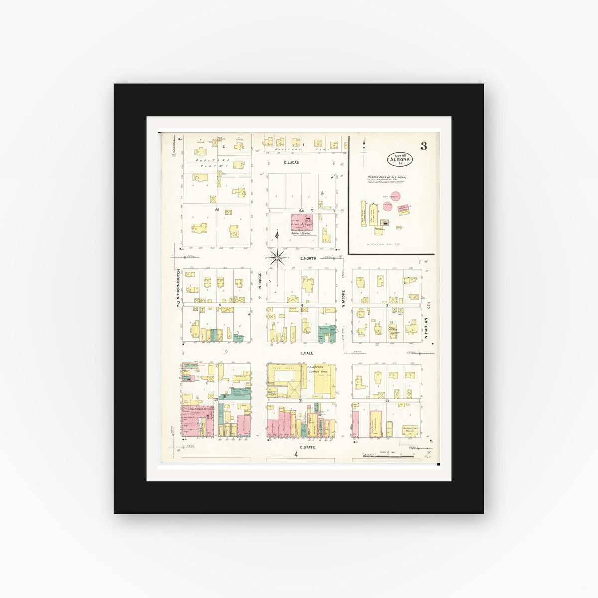 Old map wall art mockup — black gallery frame with white mat — Sanborn Fire Insurance Map from Algona, Kossuth County, Iowa (1907), Sheet #0003