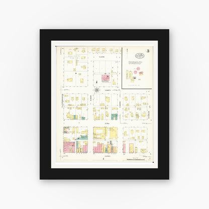 Old map wall art mockup — black gallery frame with white mat — Sanborn Fire Insurance Map from Algona, Kossuth County, Iowa (1907), Sheet #0003