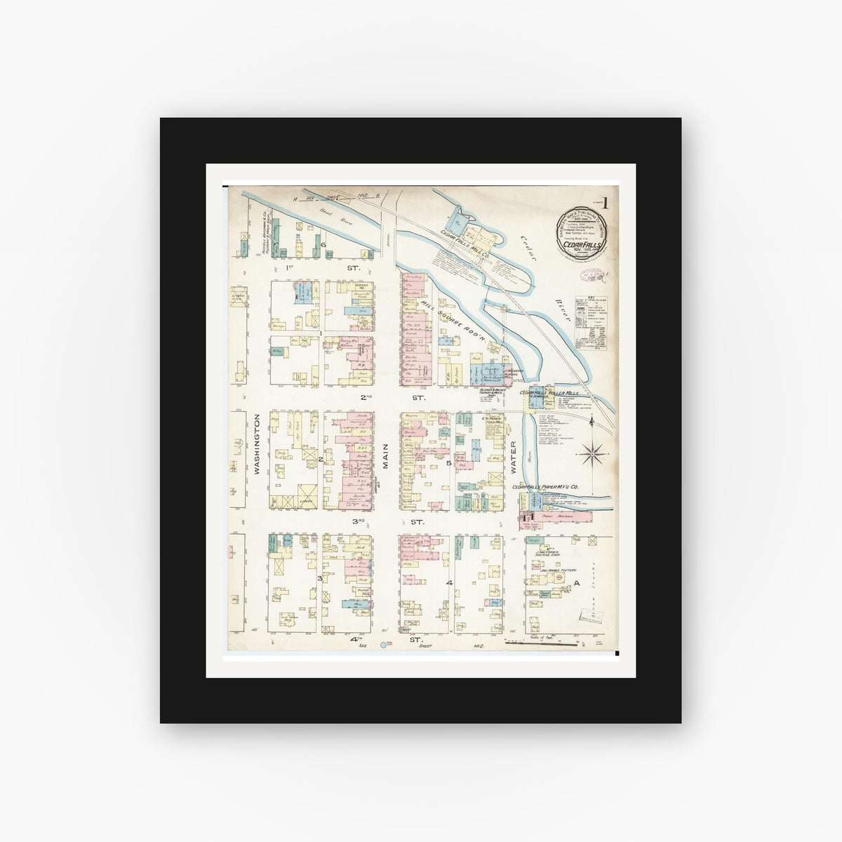 Old map wall art mockup — black gallery frame with white mat — Sanborn Fire Insurance Map from Cedar Falls, Black Hawk County, Iowa (1885) â€” Complete Set