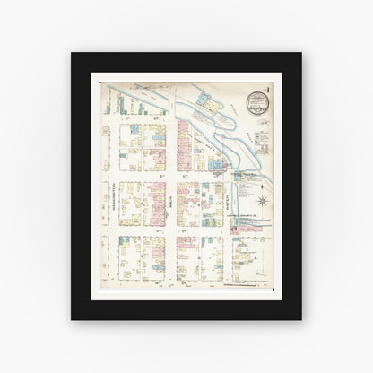 Old map wall art mockup — black gallery frame with white mat — Sanborn Fire Insurance Map from Cedar Falls, Black Hawk County, Iowa (1885) â€” Complete Set