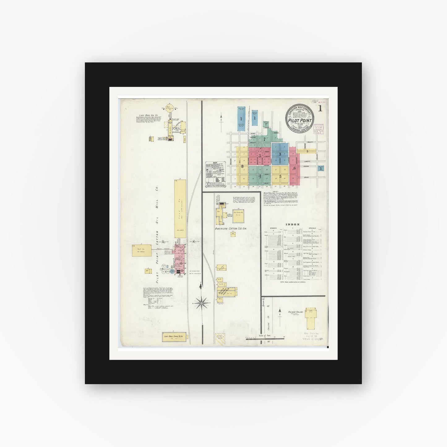 Old map wall art mockup — black gallery frame with white mat — Sanborn Fire Insurance Map from Pilot Point, Denton County, Texas (1907), Sheet #0001