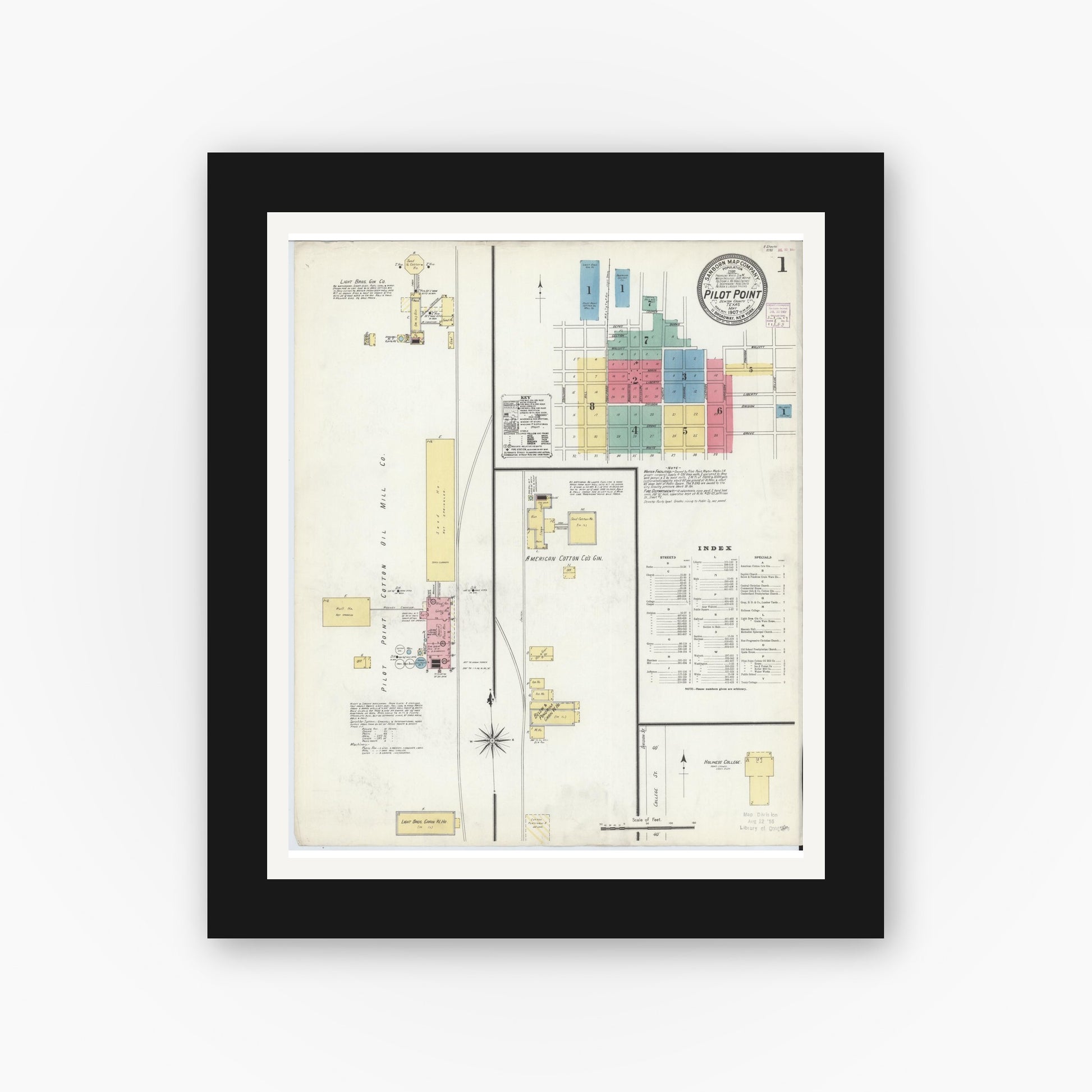 Old map wall art mockup — black gallery frame with white mat — Sanborn Fire Insurance Map from Pilot Point, Denton County, Texas (1907), Sheet #0001