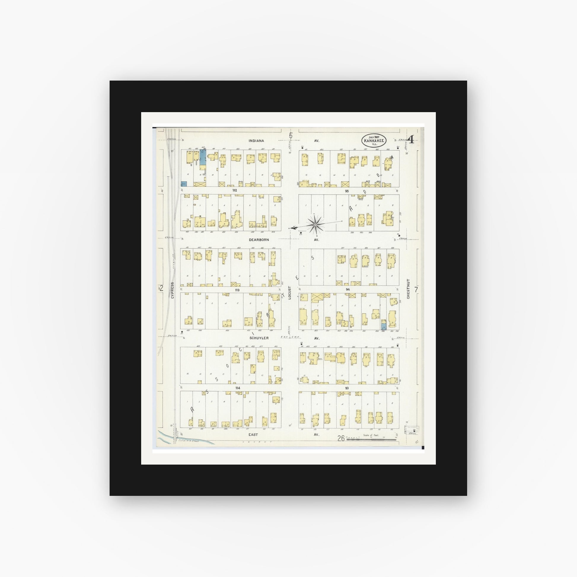Old map wall art mockup — black gallery frame with white mat — Sanborn Fire Insurance Map from Kankakee, Kankakee County, Illinois (1907), Sheet #0004