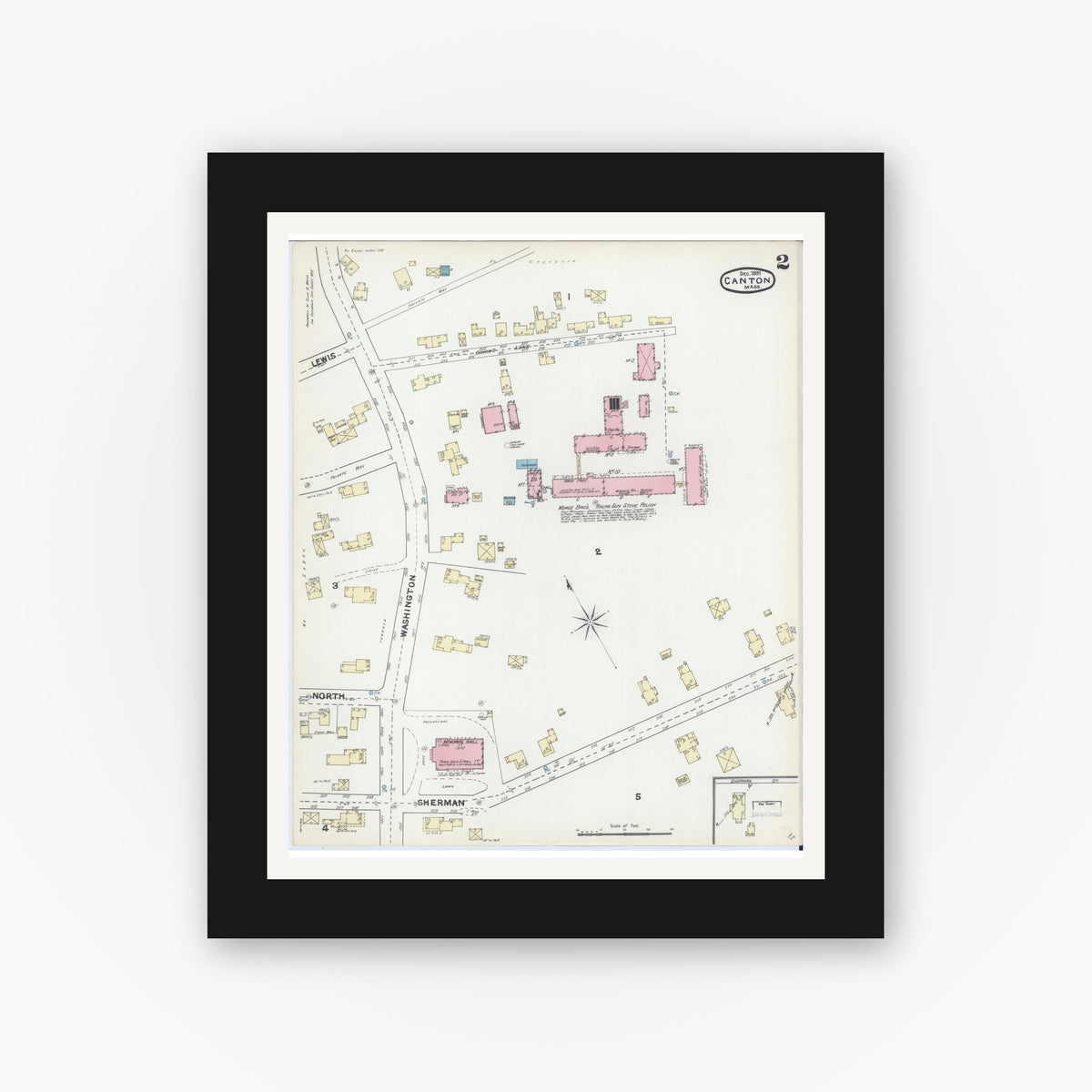 Old map wall art mockup — black gallery frame with white mat — Sanborn Fire Insurance Map from Canton, Norfolk County, Massachusetts (1891), Sheet #0002