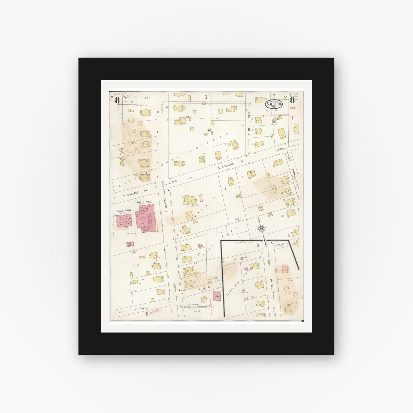 Old map wall art mockup — black gallery frame with white mat — Sanborn Fire Insurance Map from Shelbina, Shelby County, Missouri (1943), Sheet #0008