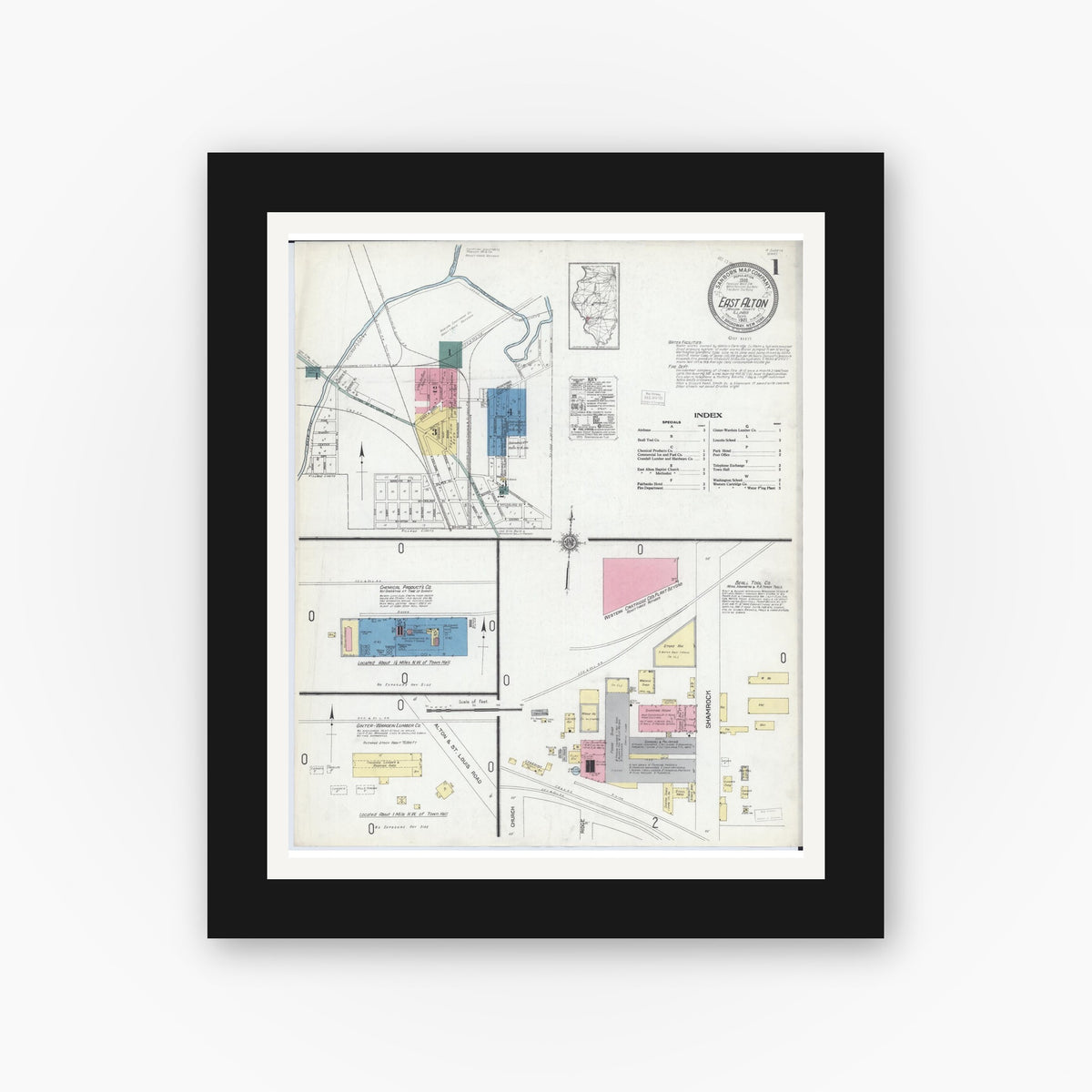 Old map wall art mockup — black gallery frame with white mat — Sanborn Fire Insurance Map from East Alton, Madison County, Illinois (1921) - Complete Map Set