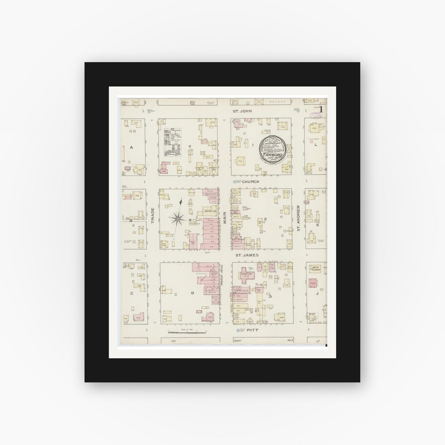 Old map wall art mockup — black gallery frame with white mat — Sanborn Fire Insurance Map from Tarboro, Edgecombe County, North Carolina (1886) - Complete Map Set