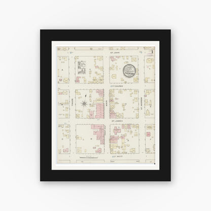 Old map wall art mockup — black gallery frame with white mat — Sanborn Fire Insurance Map from Tarboro, Edgecombe County, North Carolina (1886) - Complete Map Set