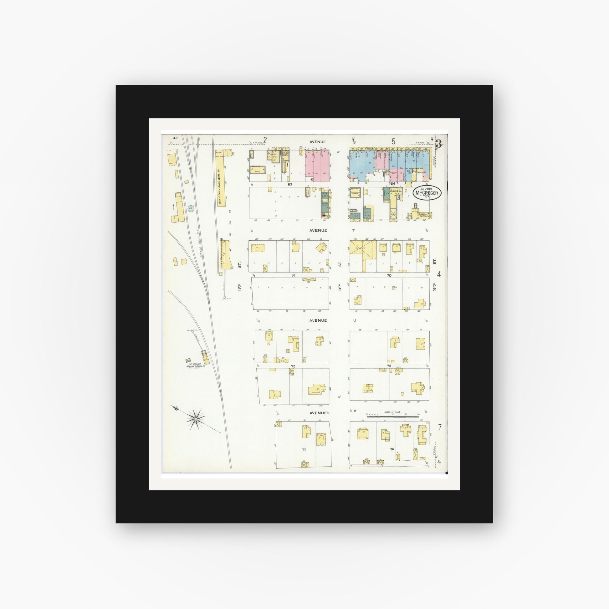 Old map wall art mockup — black gallery frame with white mat — Sanborn Fire Insurance Map from McGregor, McLennan County, Texas (1909), Sheet #0003