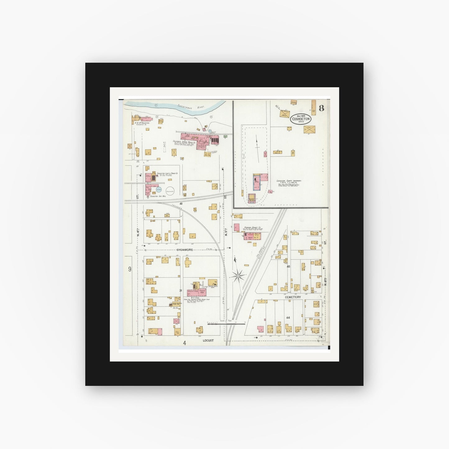 Old map wall art mockup — black gallery frame with white mat — Sanborn Fire Insurance Map from Coshocton, Coshocton County, Ohio (1899), Sheet #0008