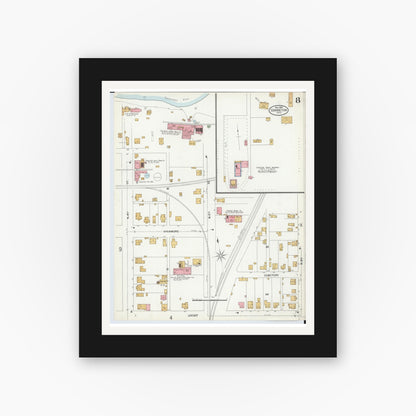 Old map wall art mockup — black gallery frame with white mat — Sanborn Fire Insurance Map from Coshocton, Coshocton County, Ohio (1899), Sheet #0008