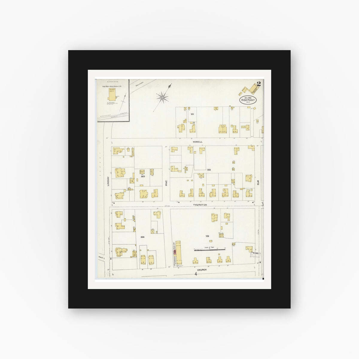 Old map wall art mockup — black gallery frame with white mat — Sanborn Fire Insurance Map from High Point, Guilford County, North Carolina (1906), Sheet #0002