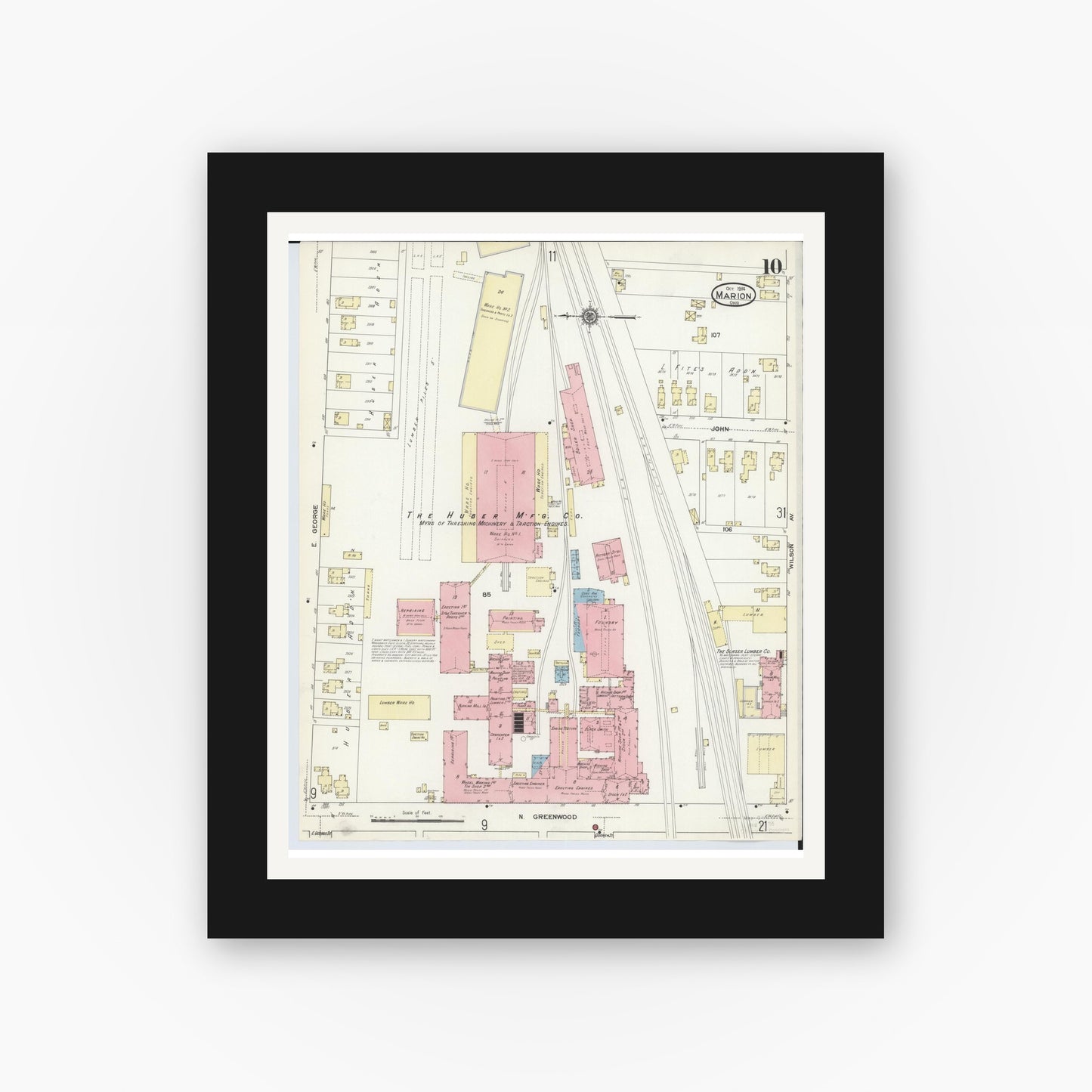 Old map wall art mockup — black gallery frame with white mat — Sanborn Fire Insurance Map from Marion, Marion County, Ohio (1914), Sheet #0010