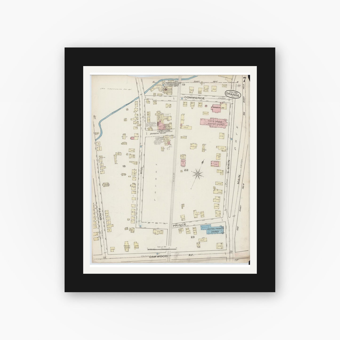 Old map wall art mockup — black gallery frame with white mat — Sanborn Fire Insurance Map from Orange, Essex County, New Jersey (1885), Sheet #0007