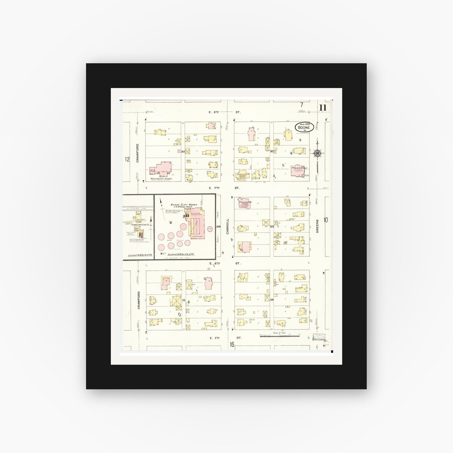 Old map wall art mockup — black gallery frame with white mat — Sanborn Fire Insurance Map from Boone, Boone County, Iowa (1909), Sheet #0011