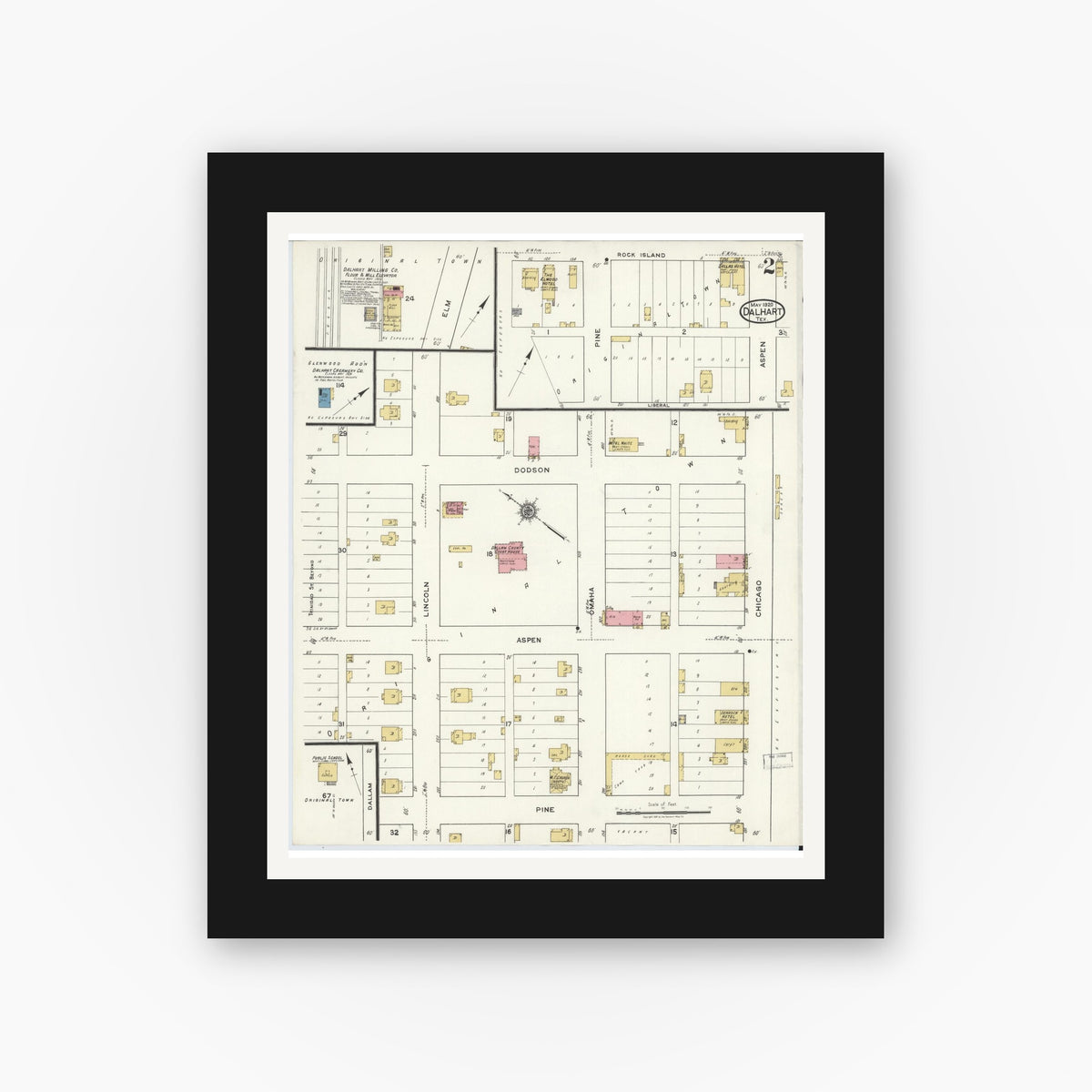 Old map wall art mockup — black gallery frame with white mat — Sanborn Fire Insurance Map from Dalhart, Dallam And Hartley County, Texas (1920), Sheet #0002
