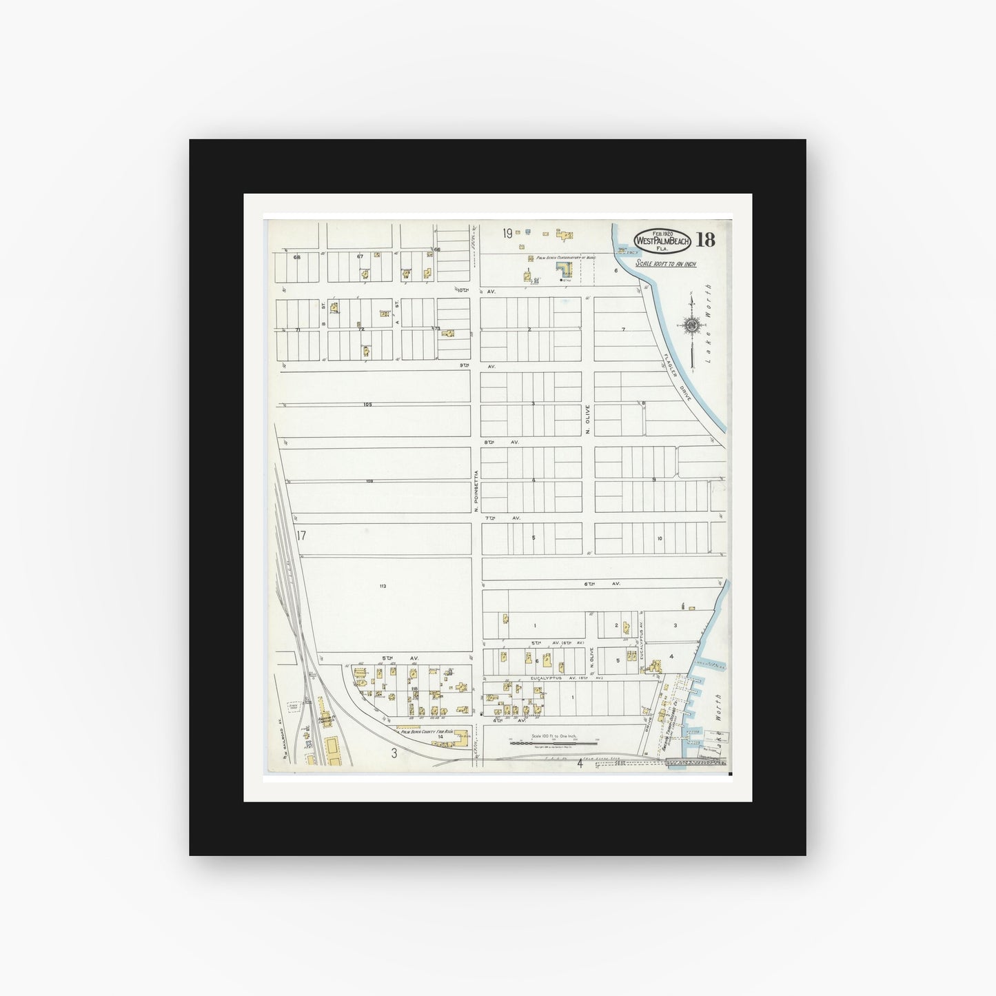 Old map wall art mockup — black gallery frame with white mat — Sanborn Fire Insurance Map from West Palm Beach, Dade County, Florida (1920), Sheet #0018