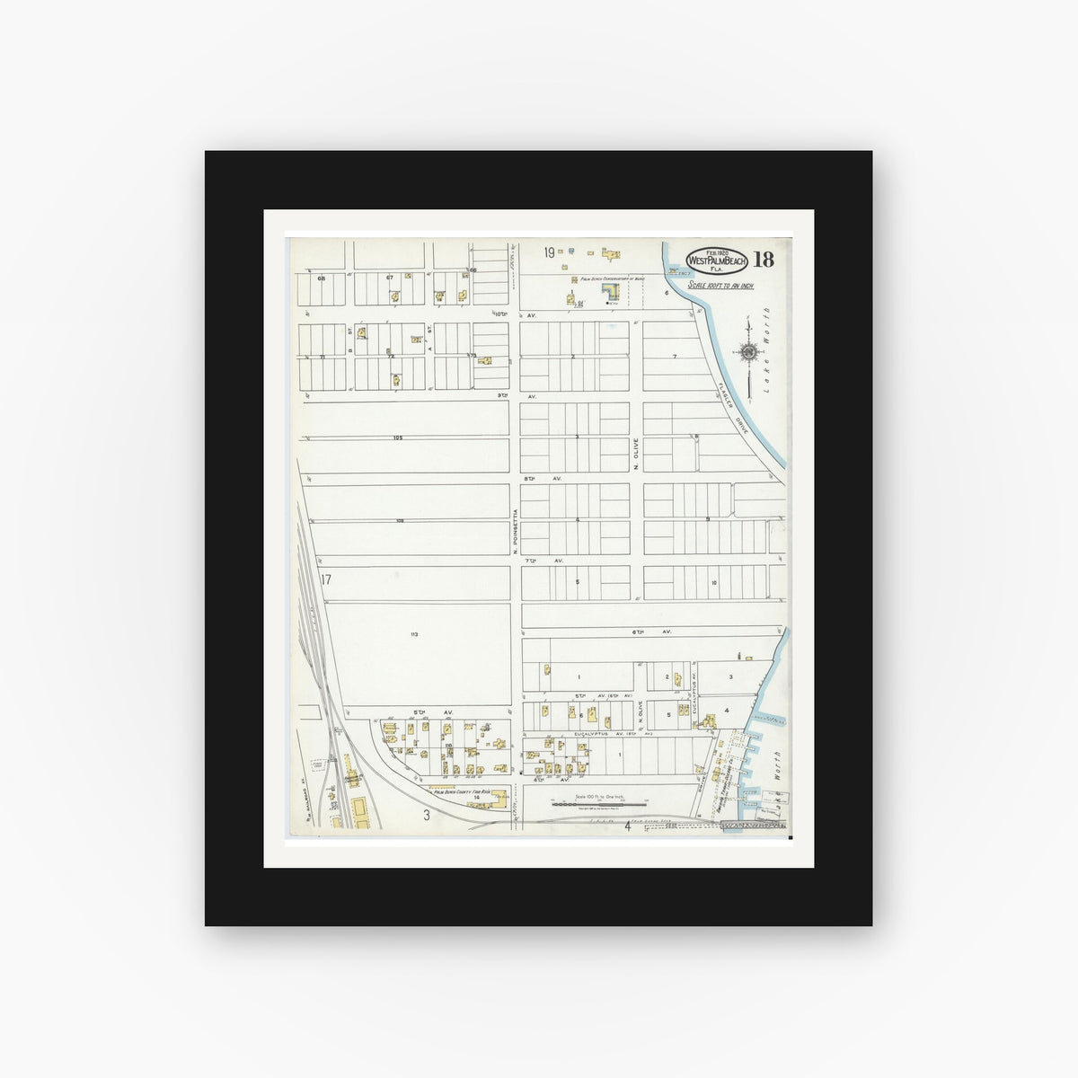 Old map wall art mockup — black gallery frame with white mat — Sanborn Fire Insurance Map from West Palm Beach, Dade County, Florida (1920), Sheet #0018