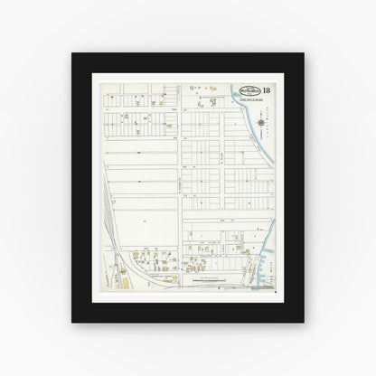Old map wall art mockup — black gallery frame with white mat — Sanborn Fire Insurance Map from West Palm Beach, Dade County, Florida (1920), Sheet #0018