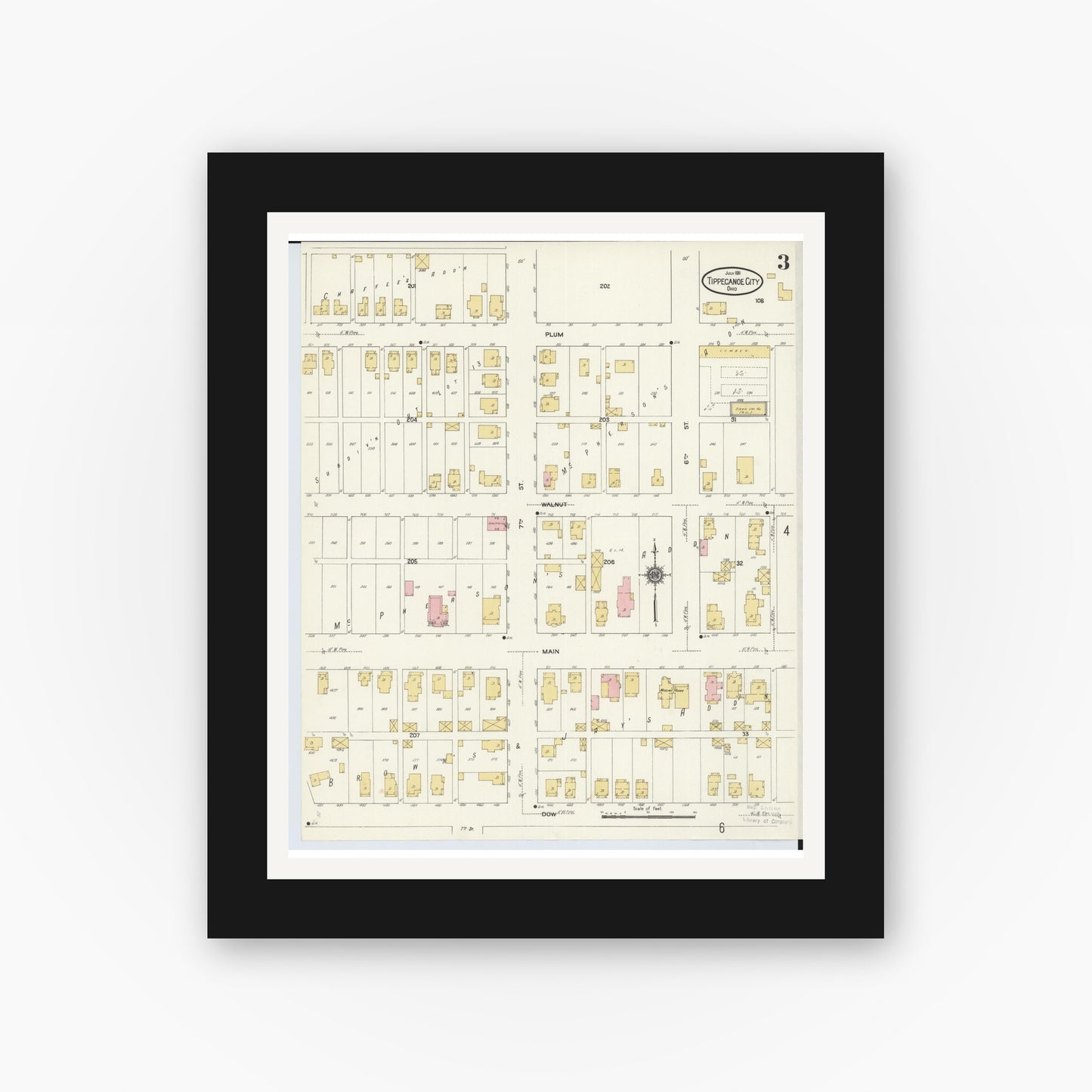 Old map wall art mockup — black gallery frame with white mat — Sanborn Fire Insurance Map from Tipp City, Miami County, Ohio (1911), Sheet #0003