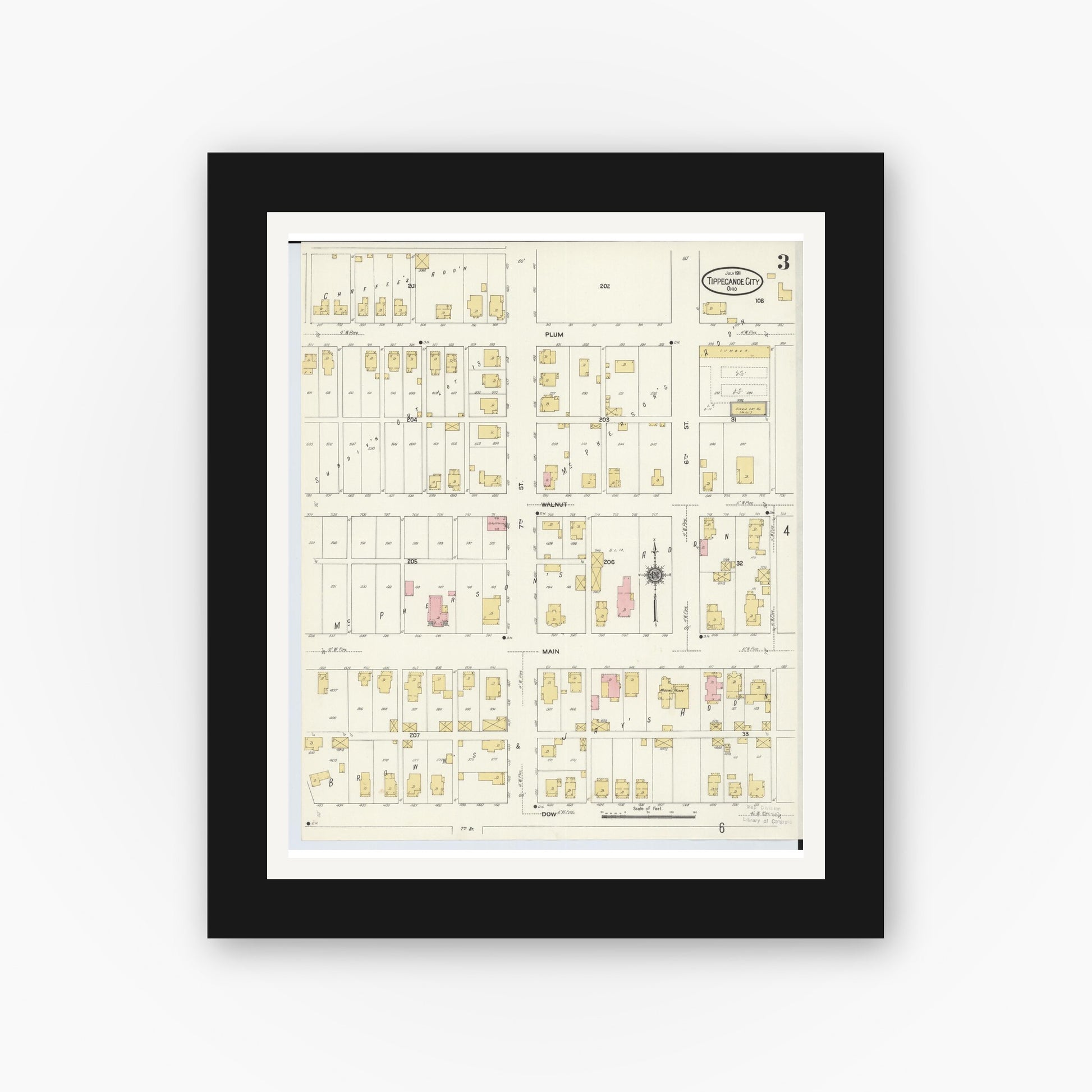 Old map wall art mockup — black gallery frame with white mat — Sanborn Fire Insurance Map from Tipp City, Miami County, Ohio (1911), Sheet #0003
