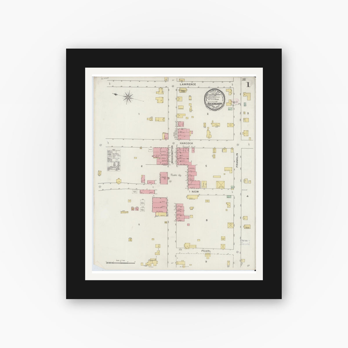 Old map wall art mockup — black gallery frame with white mat — Sanborn Fire Insurance Map from Rockingham, Richmond County, North Carolina (1894), Sheet #0001