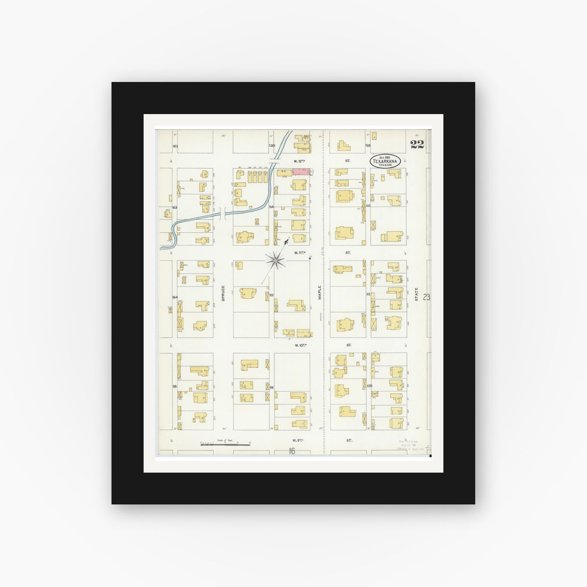 Old map wall art mockup — black gallery frame with white mat — Sanborn Fire Insurance Map from Texarkana, Bowie County, Texas (1905), Sheet #0022