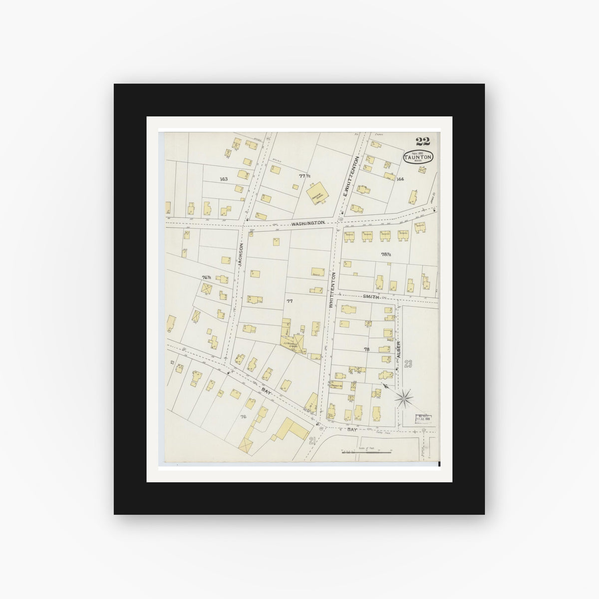 Old map wall art mockup — black gallery frame with white mat — Sanborn Fire Insurance Map from Taunton, Bristol County, Massachusetts (1893), Sheet #0022