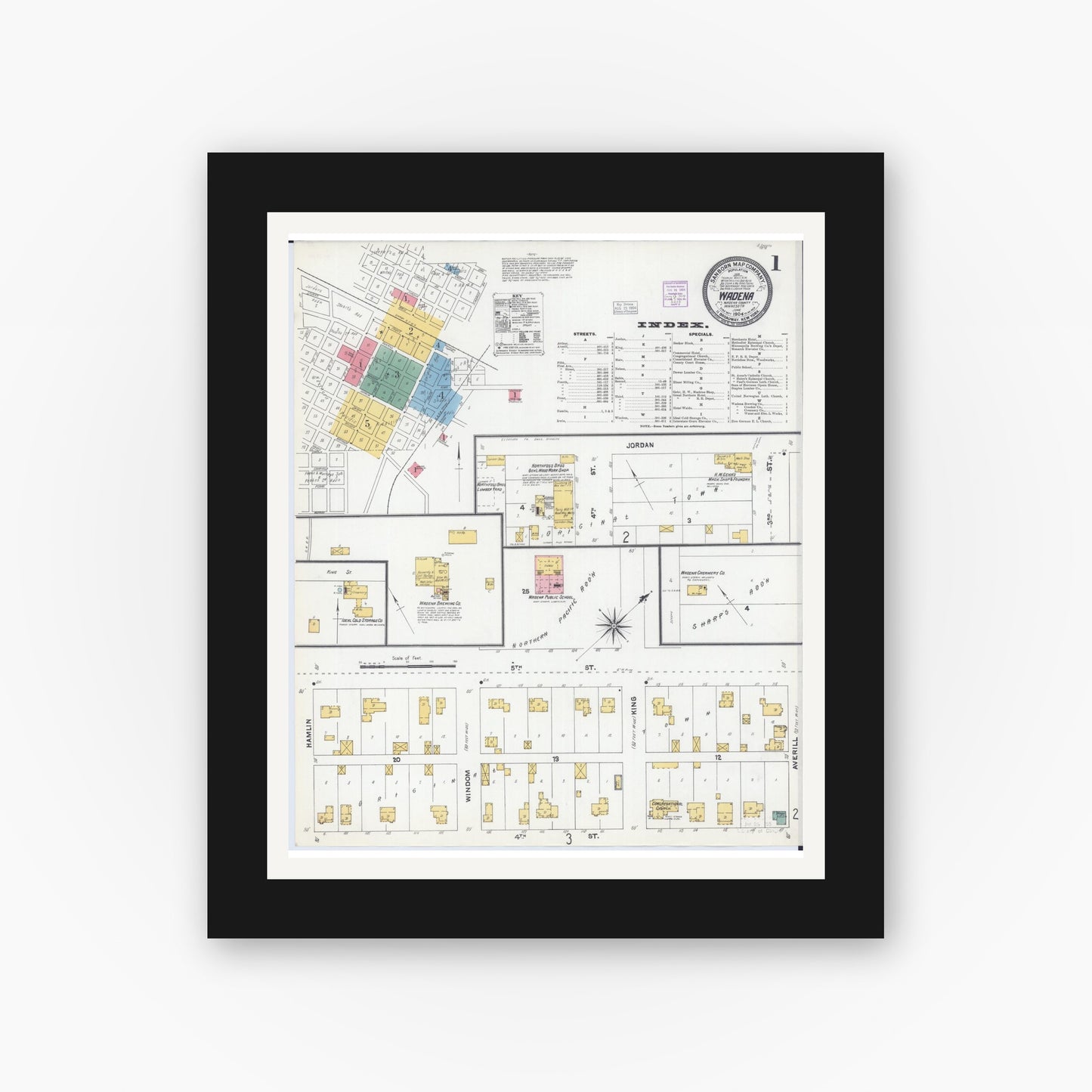 Old map wall art mockup — black gallery frame with white mat — Sanborn Fire Insurance Map from Wadena, Wadena County, Minnesota (1904) - Complete Map Set