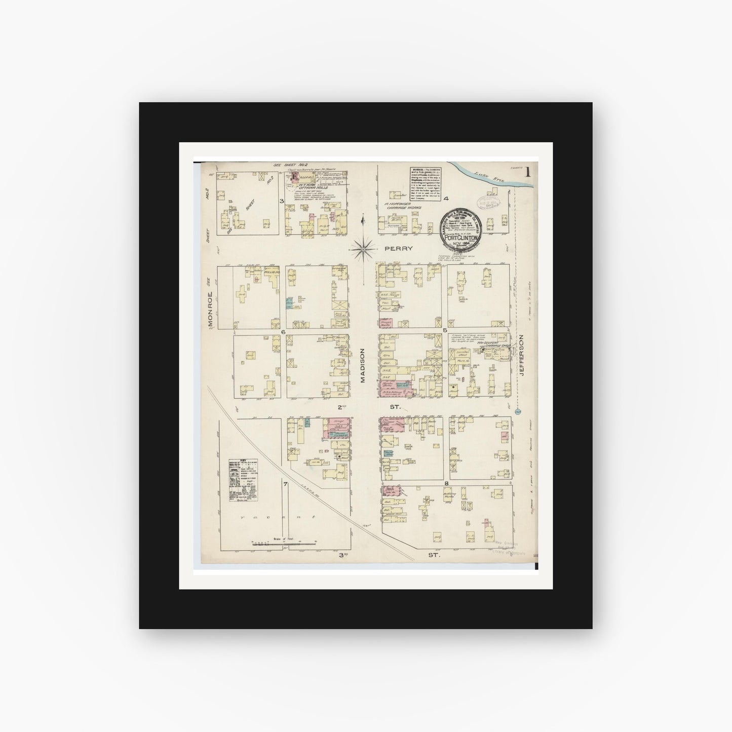 Old map wall art mockup — black gallery frame with white mat — Sanborn Fire Insurance Map from Port Clinton, Ottawa County, Ohio (1884) - Complete Map Set