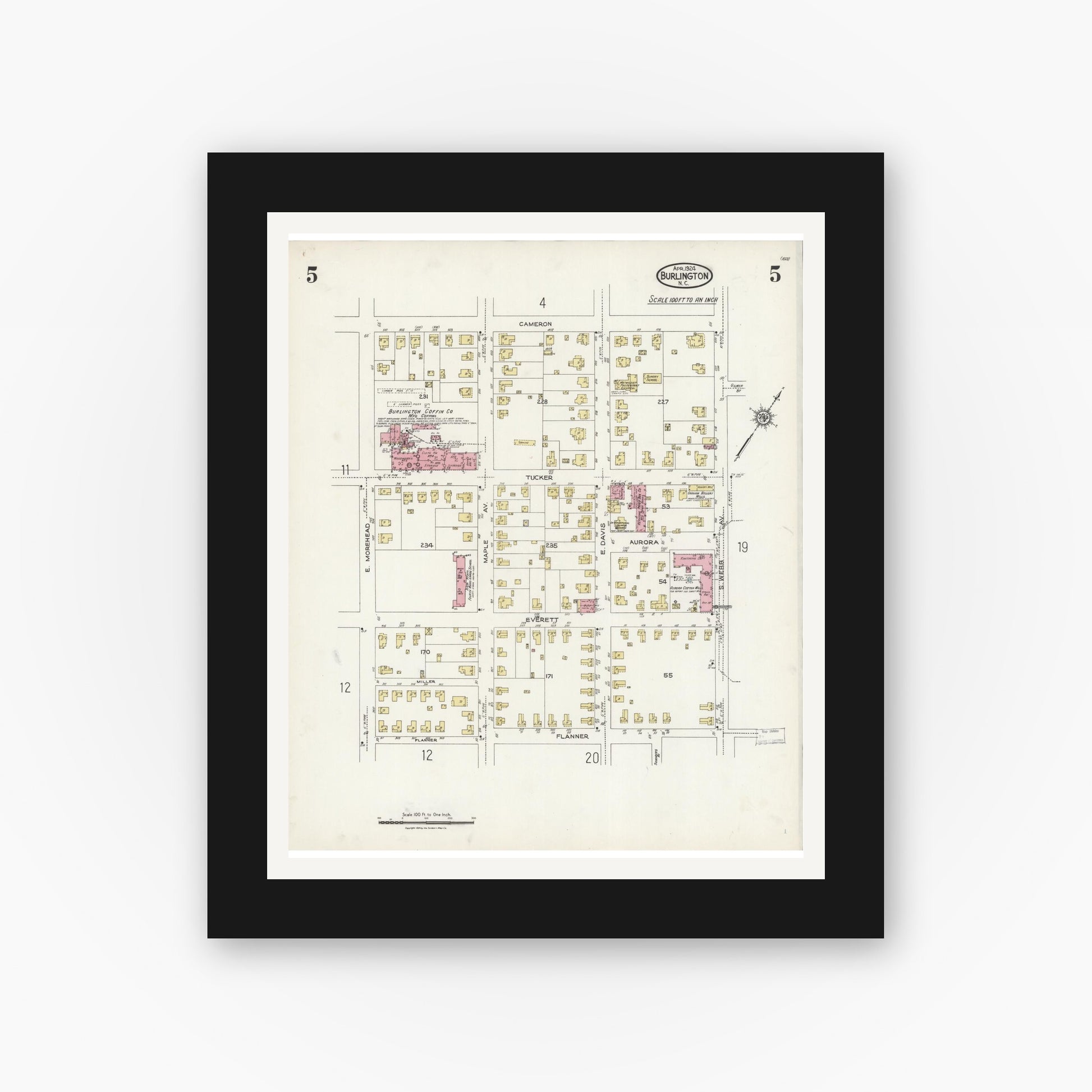 Old map wall art mockup — black gallery frame with white mat — Sanborn Fire Insurance Map from Burlington, Alamance County, North Carolina (1924), Sheet #0005