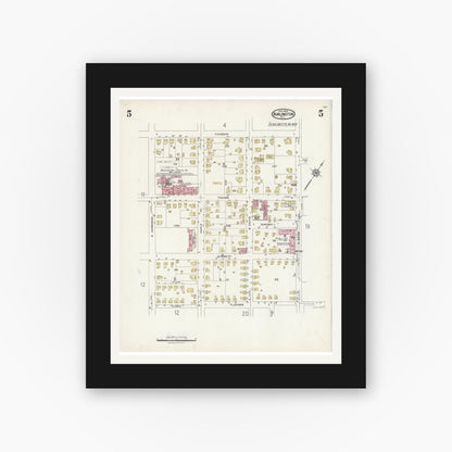 Old map wall art mockup — black gallery frame with white mat — Sanborn Fire Insurance Map from Burlington, Alamance County, North Carolina (1924), Sheet #0005