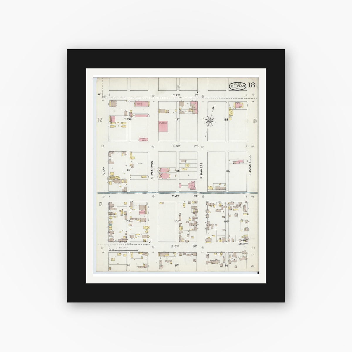 Old map wall art mockup — black gallery frame with white mat — Sanborn Fire Insurance Map from El Paso, El Paso County, Texas (1893), Sheet #0018