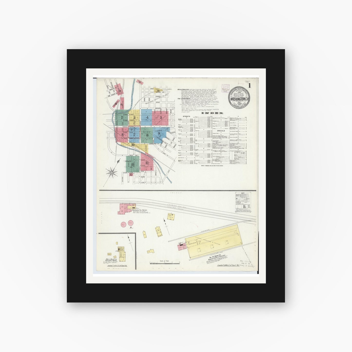 Old map wall art mockup — black gallery frame with white mat — Sanborn Fire Insurance Map from Washington Court House, Fayette County, Ohio (1907) - Complete Map Set