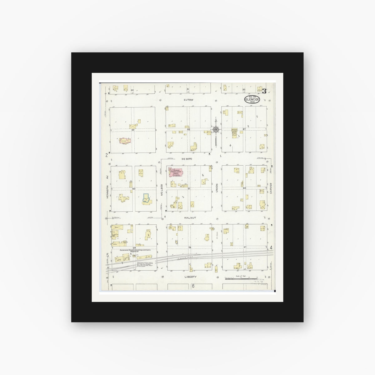 Old map wall art mockup — black gallery frame with white mat — Sanborn Fire Insurance Map from Glencoe, Mcleod County, Minnesota (1914), Sheet #0003