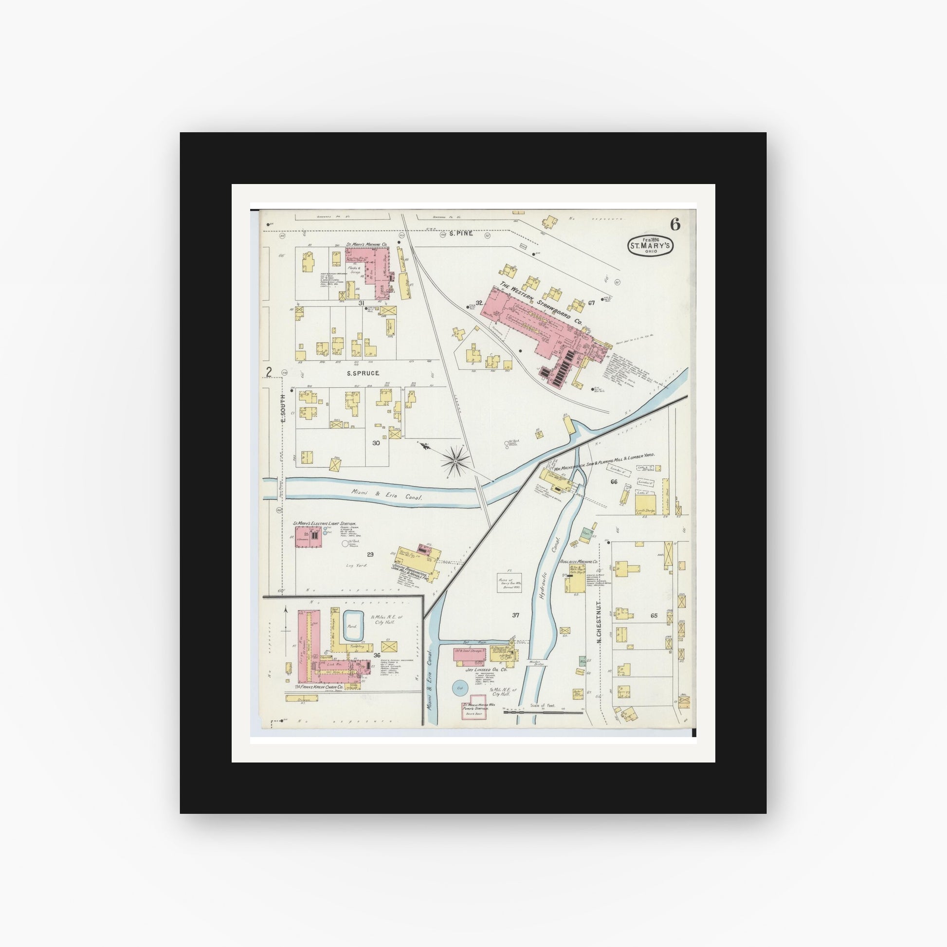 Old map wall art mockup — black gallery frame with white mat — Sanborn Fire Insurance Map from Saint Marys, Auglaize County, Ohio (1896), Sheet #0006