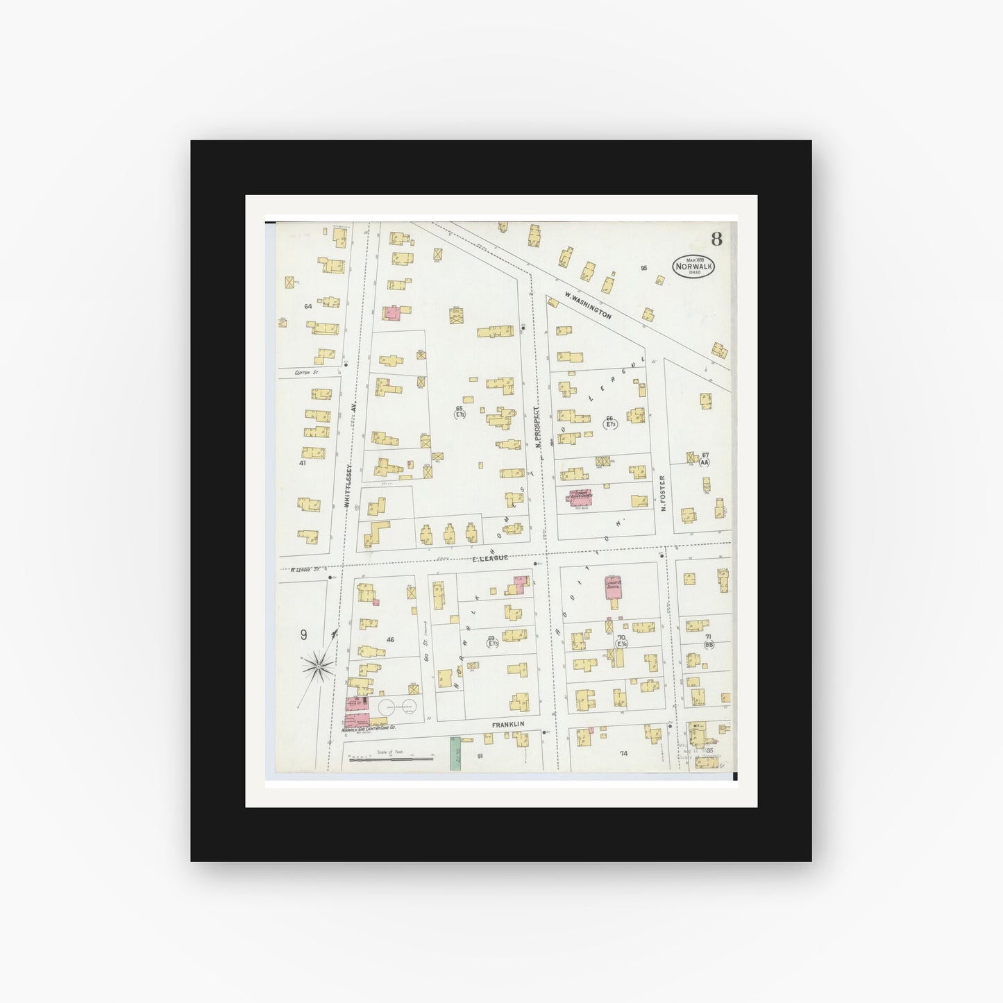 Old map wall art mockup — black gallery frame with white mat — Sanborn Fire Insurance Map from Norwalk, Huron County, Ohio (1899), Sheet #0008