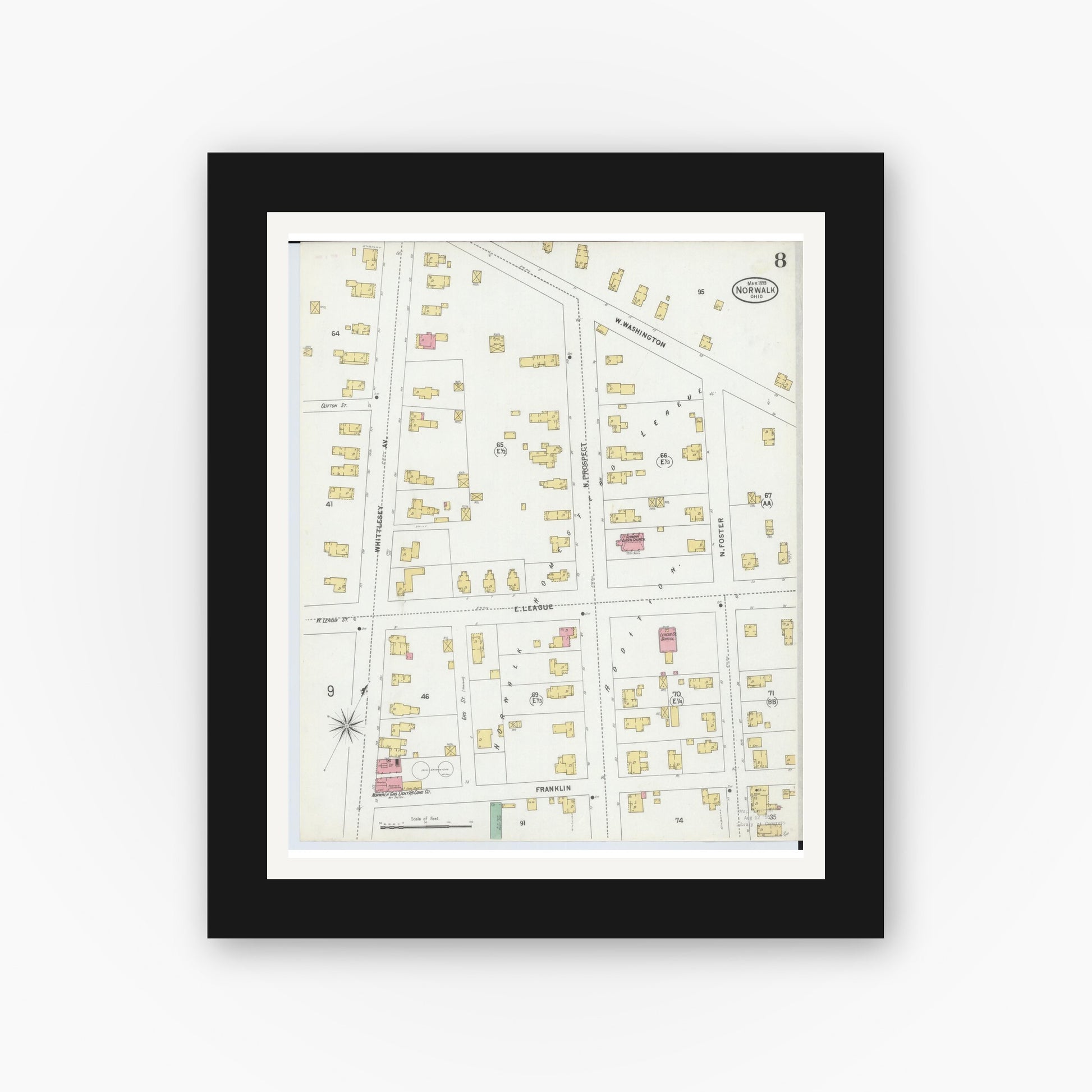Old map wall art mockup — black gallery frame with white mat — Sanborn Fire Insurance Map from Norwalk, Huron County, Ohio (1899), Sheet #0008