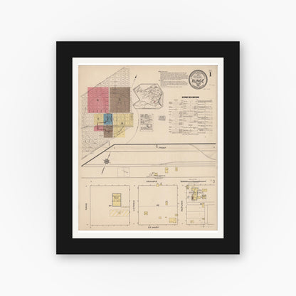 Old map wall art mockup — black gallery frame with white mat — Sanborn Fire Insurance Map from Runge, Karnes County, Texas (1922), Sheet #0001