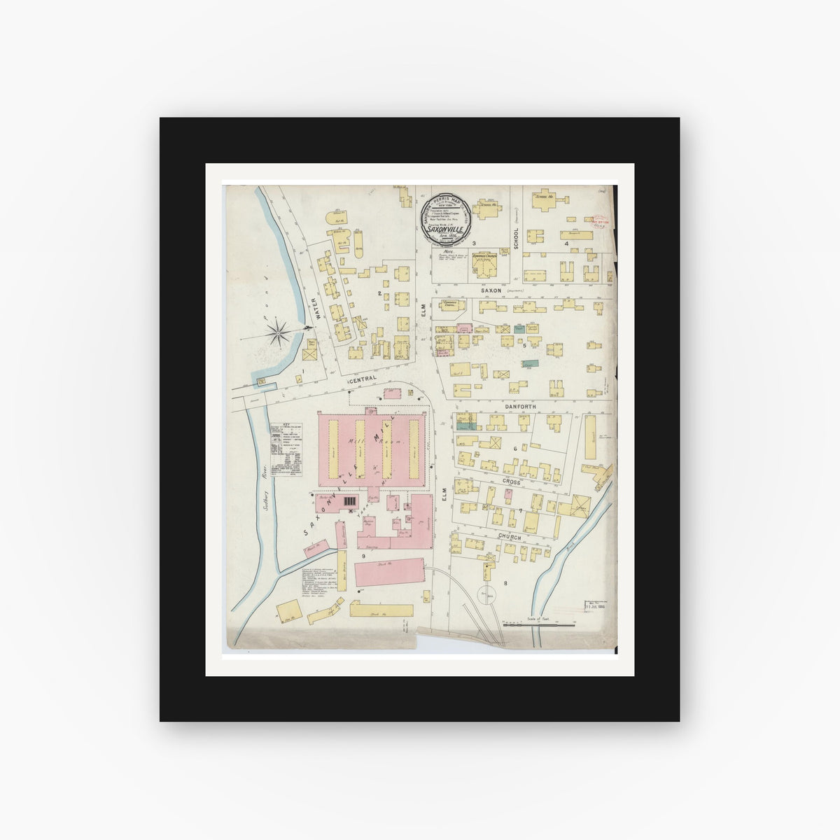 Old map wall art mockup — black gallery frame with white mat — Sanborn Fire Insurance Map from Saxonville, Middlesex County, Massachusetts (1896), Sheet #0001