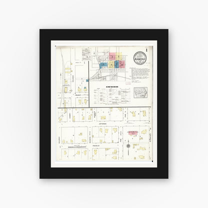 Old map wall art mockup — black gallery frame with white mat — Sanborn Fire Insurance Map from Bloomfield, Davis County, Iowa (1913) â€” Complete Set