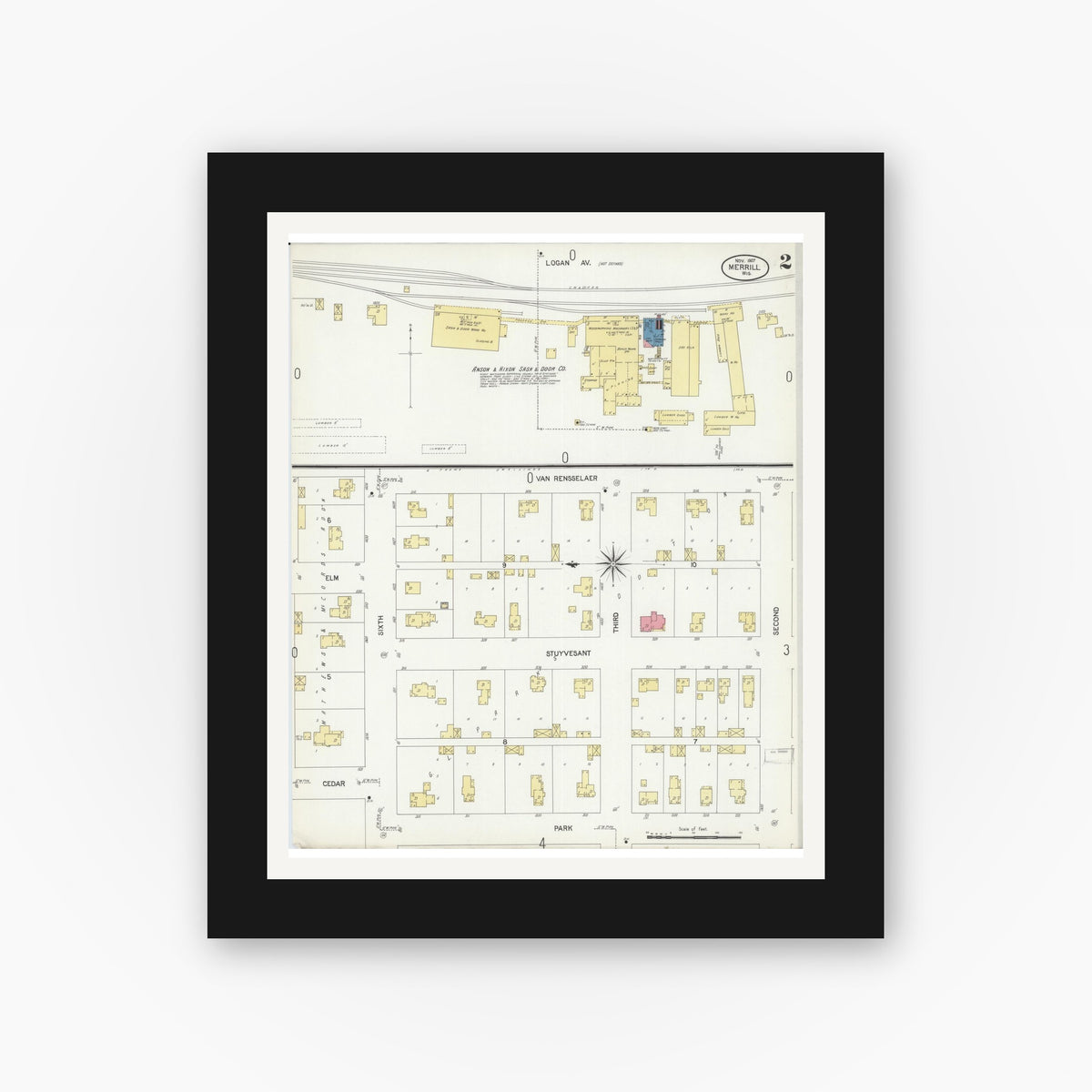 Old map wall art mockup — black gallery frame with white mat — Sanborn Fire Insurance Map from Merrill, Lincoln County, Wisconsin (1907), Sheet #0002