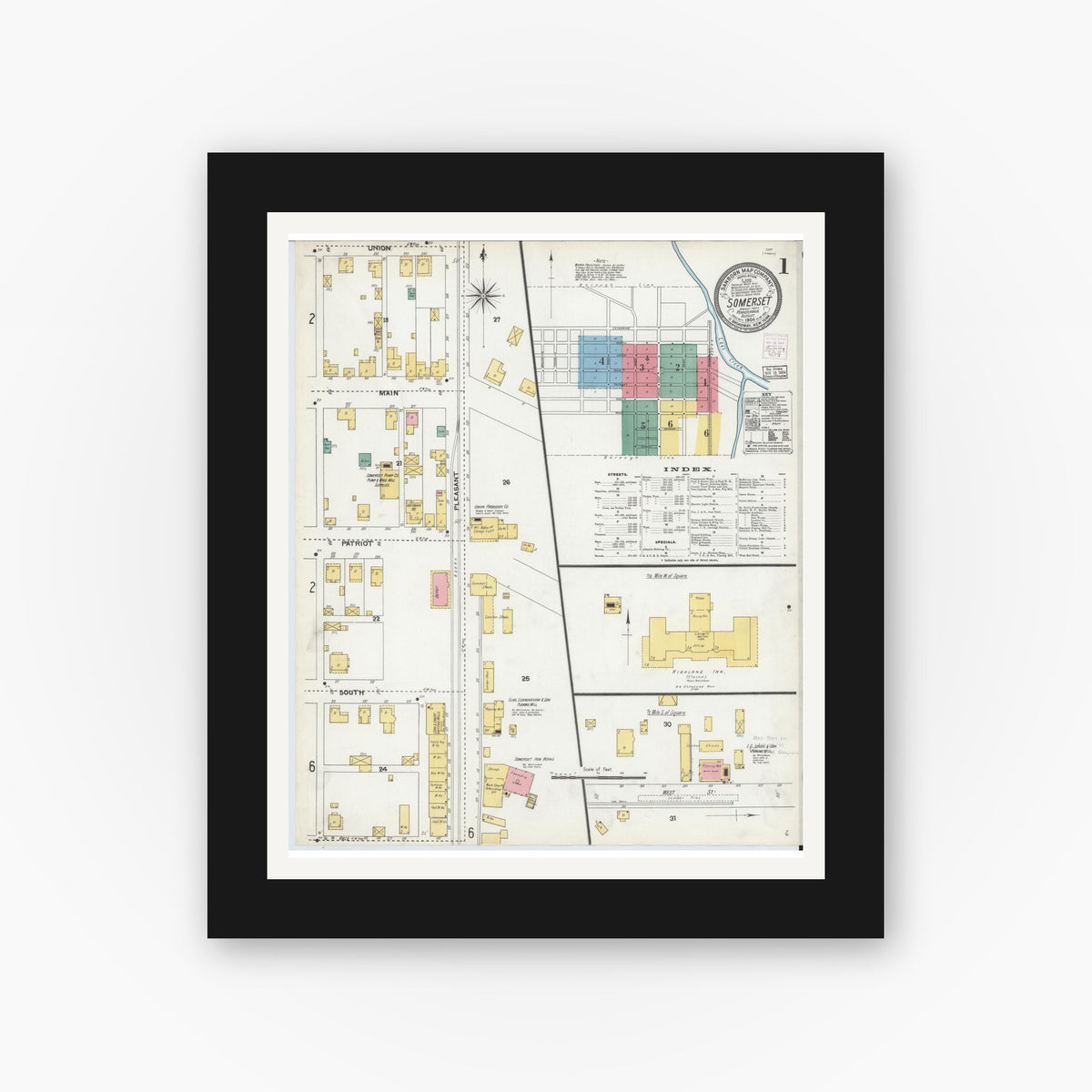 Old map wall art mockup — black gallery frame with white mat — Sanborn Fire Insurance Map from Somerset, Somerset County, Pennsylvania (1904), Sheet #0001
